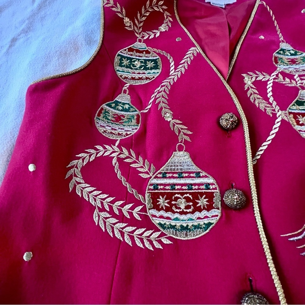 Jenna VTG 100% Wool Embroidered‎ Appliqué Christmas Ornament Button Vest Red L - Picture 9 of 16